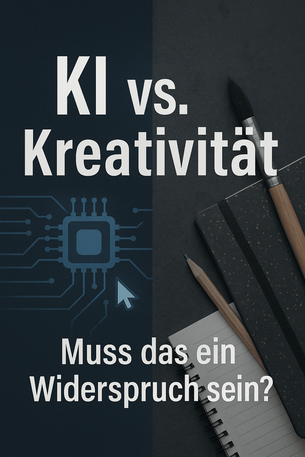 Visuelles Split-Bild mit Pinsel, Notizbuch und KI-Chip – Frage 'KI vs. Kreativität – Muss das ein Widerspruch sein?' stellt die Verbindung zwischen künstlicher Intelligenz und menschlicher Kreativität in Frage.
