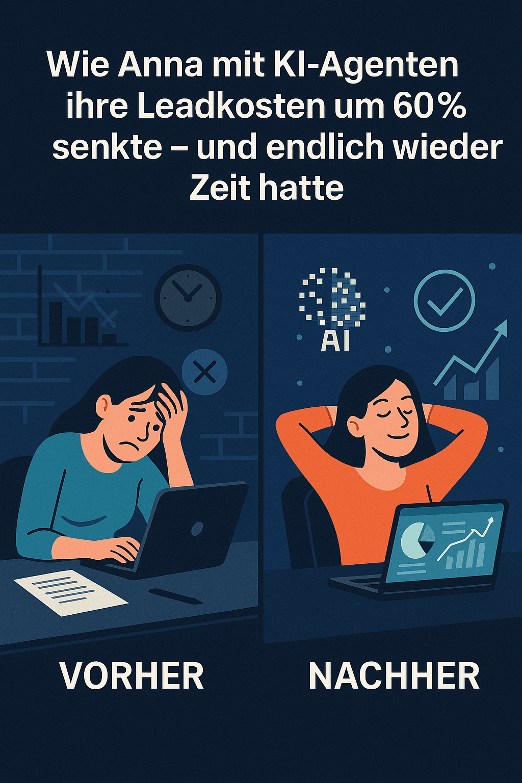 Vorher-Nachher-Illustration mit Marketerin Anna – links gestresst bei der Arbeit, rechts entspannt mit KI-unterstütztem Dashboard – Visualisierung von Effizienzgewinn durch KI-Agenten im Marketing.