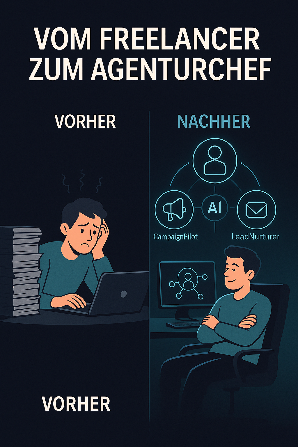 Vorher-Nachher-Visual: Freelancer am Limit mit Papierstapel und später als entspannter Agenturchef mit KI-Agenten – Metapher für Wachstum durch Automatisierung im Marketing.