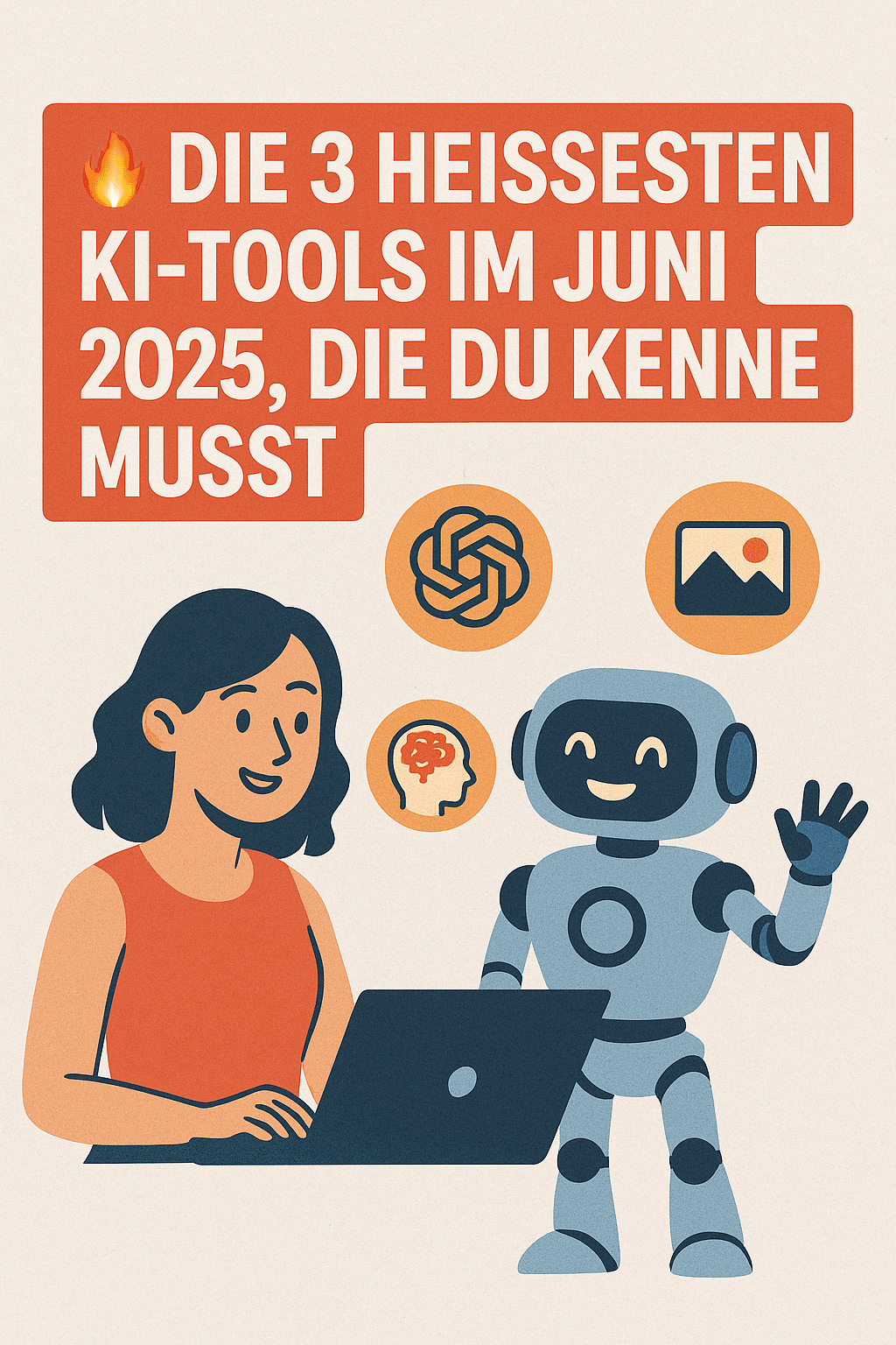Visual mit Headline '🔥 Die 3 heißesten KI-Tools im Juni 2025, die du kennen musst' – dargestellt mit einer Frau am Laptop, einem fröhlichen Roboter und drei kreisförmigen Icons für KI, Gehirn und Bild – im Retro-Tech-Stil auf hellem Hintergrund.