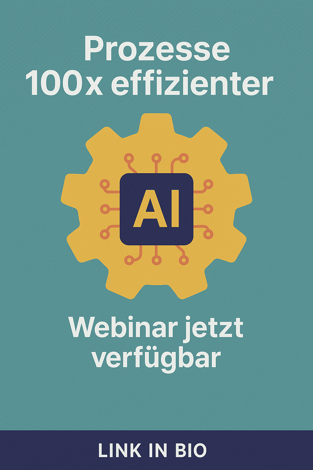 Grafik: Zahnrad mit AI‑Chip – Prozesse 100 x effizienter – Webinar jetzt verfügbar
