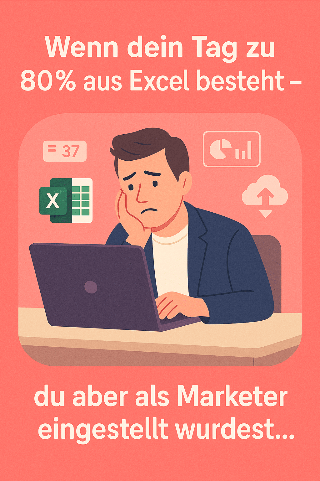 Illustration: frustrierter Marketer mit Excel – 80 % des Tages mit Tabellen beschäftigt