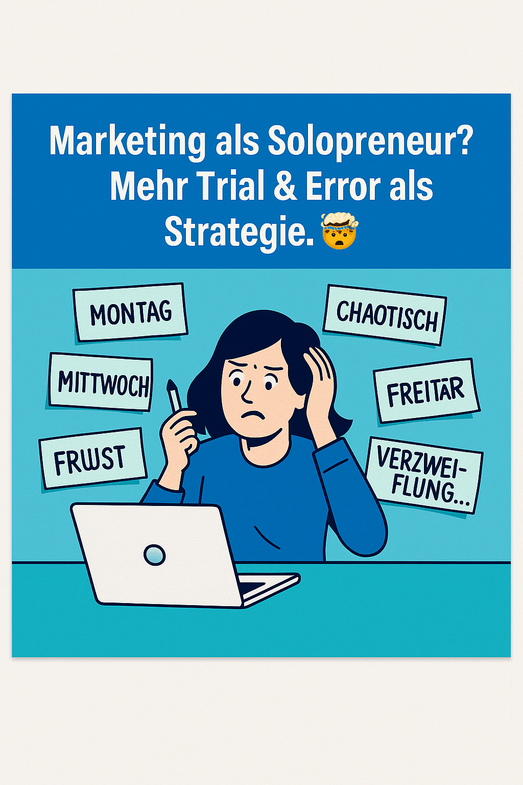 Illustration einer frustrierten Solopreneurin am Schreibtisch mit der Überschrift: ‚Marketing als Solopreneur? Mehr Trial & Error als Strategie. 🤯‘ umgeben von Notizen wie Montag, Frust, Verzweiflung.