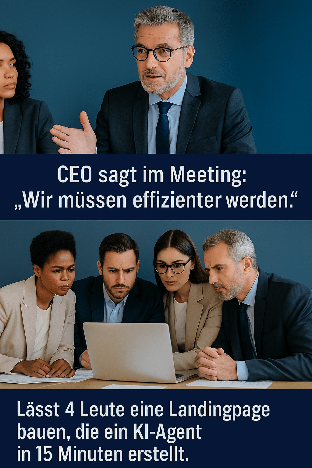Meme mit Manager-Meeting: Oben CEO sagt ‚Wir müssen effizienter werden‘, unten vier Mitarbeitende kämpfen mit Landingpage-Erstellung – ironischer KI-Vergleich.